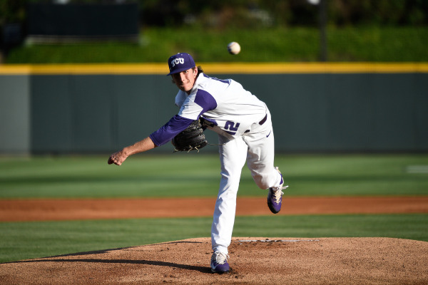 TCU starting pitcher Nick Lodolo pitching in his last start at home against Baylor. (Photo courtesy of GoFrogs.com)