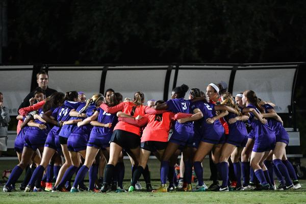 TCU soccer team huddles up before a match on Senior Night. (Photo courtesy of GoFrogs.com)