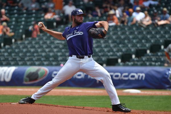 Mitchell Traver pitches against Texas in the Big 12 Tournament. (Photo courtesy of GoFrogs.com)