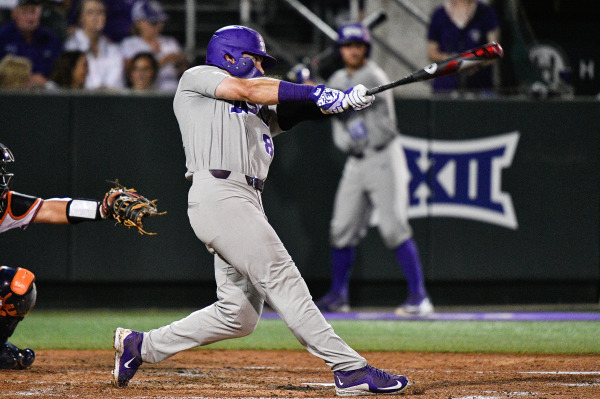 TCU right fielder Austen Wade collects a hit against Virginia in the Fort Worth Regional. (Photo Courtesy of GoFrogs.com)