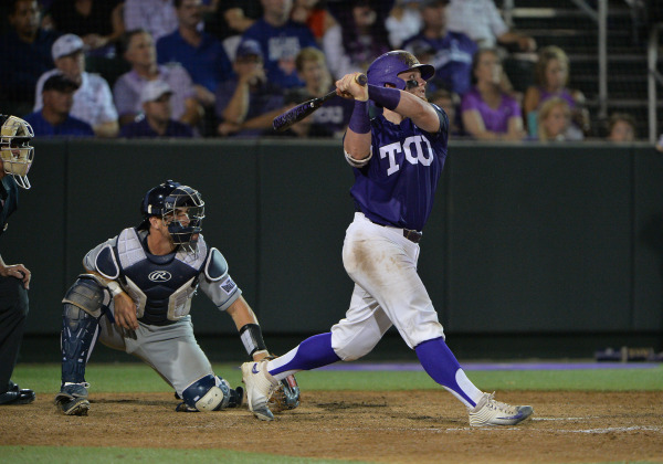 TCU catcher Evan Skoug hits a home run against Dallas Baptist in the Fort Worth Regional. (Photo courtesy of GoFrogs.com)