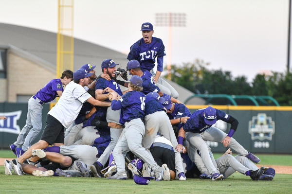 TCU celebrates its fourth Super Regional Championship in a row and its four consecutive berth to the College World Series. (Photo courtesy of GoFrogs.com)