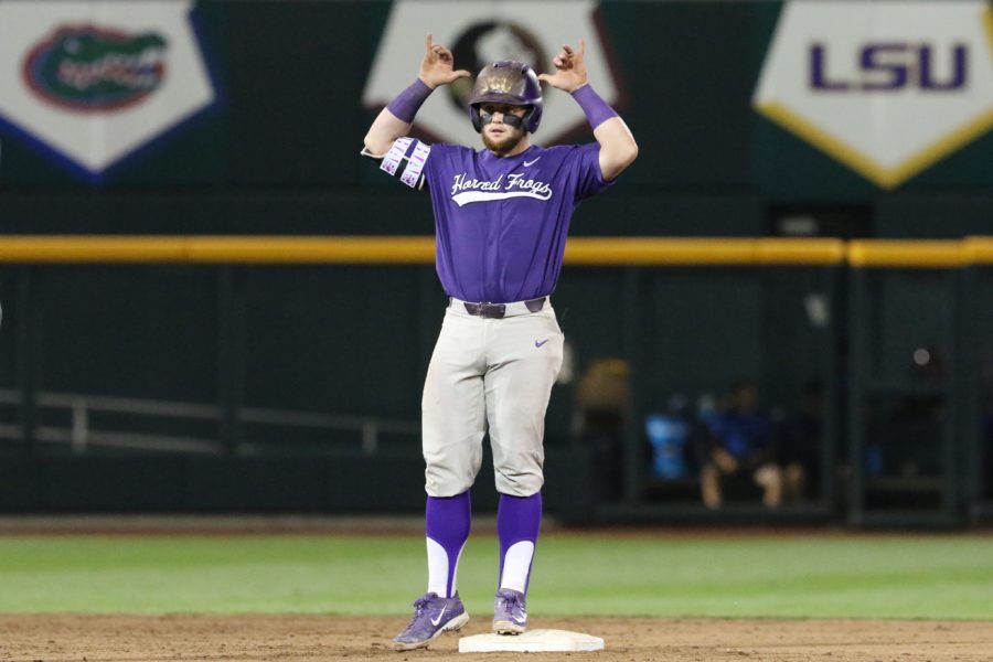 Evan+Skoug+celebrates+his+bases-clearing%2C+three-run+double+in+the+sixth+inning+of+a+9-2+victory+over+Florida.+%28Photo+by+Sam+Bruton%29