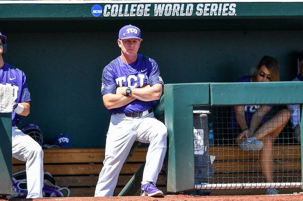 TCU head coach Jim Schlossnage perches on the top step of the TCU dugout deep in thought during the Horned Frogs 4-1 victory over Texas A&M. (Photo courtesy of GoFrogs.com)