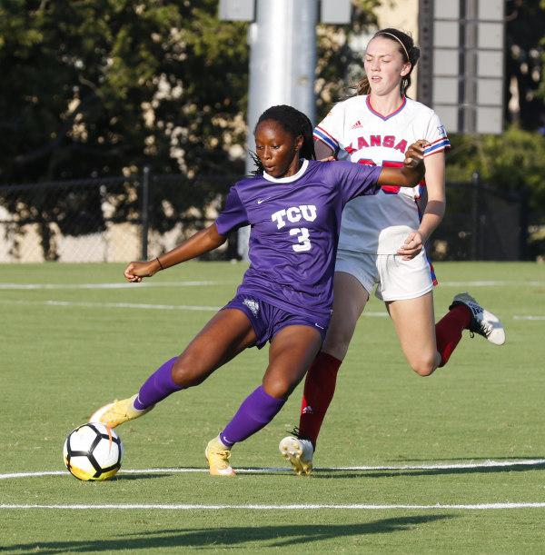 Sophomore defender Cachet Lue feeds the ball out of the box during home match against Kansas. 