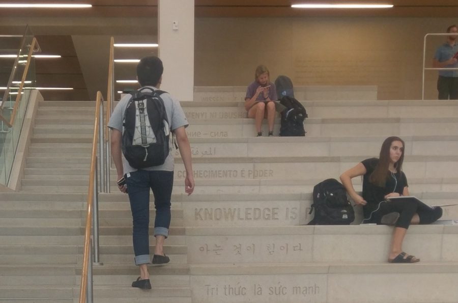A TCU student walks up the stairs of the Mary Couts Burnett Library.
Photo Credit: Ryan Myers