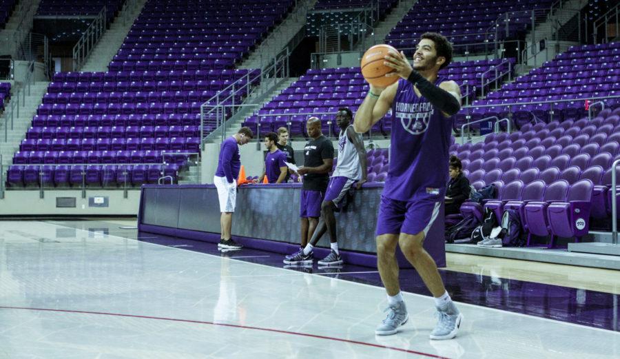 TCU guard Kenrich Williams shoots a three-pointer in practice. Photo by Carolina Olivares