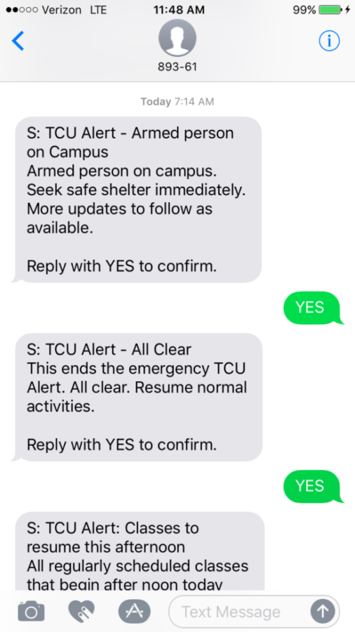 TCU alert text message sent to a students phone.