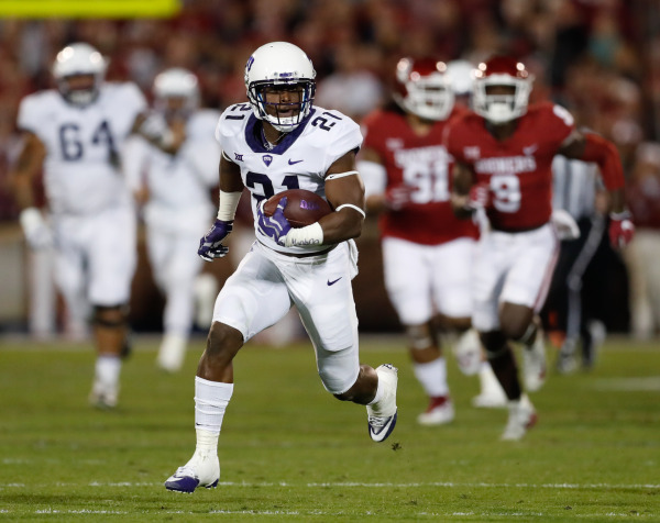 TCU running back Kyle Hicks breaks off a 62-yard catch-and-run against Oklahoma. Photo courtesy of GoFrogs.com