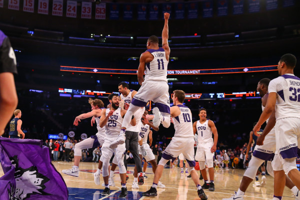 The Horned Frogs celebrate their NIT championship as the buzzer sounds on their victory over Georgia Tech. Photo courtesy of GoFrogs.com