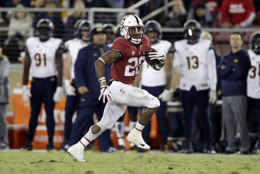 Stanford running back Bryce Love runs for a touchdown against California during the second half of an NCAA college football game Saturday, Nov. 18, 2017, in Stanford, Calif. (AP Photo/Marcio Jose Sanchez)