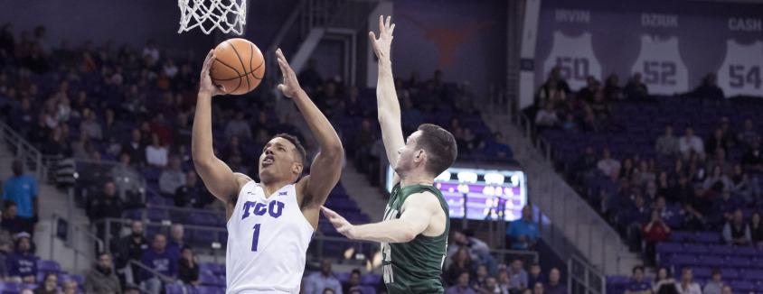 Dec 22, 2017; Fort Worth, TX, USA; TCU Horned Frogs guard Desmond Bane (1) shoots past William & Mary Tribe guard David Cohn (34) during the first half at Ed and Rae Schollmaier Arena. Mandatory Credit: Kevin Jairaj-USA TODAY Sports