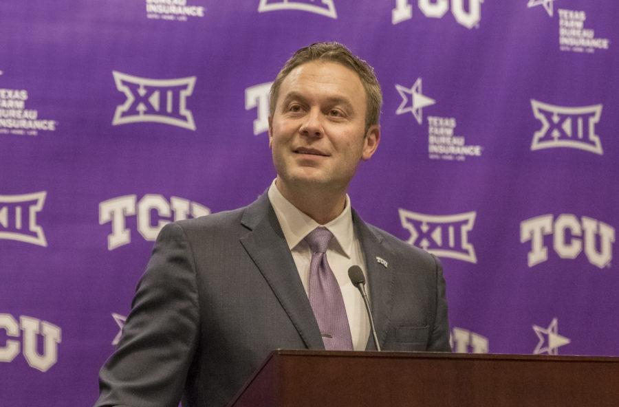 New TCU athletic director Jeremiah Donati speaks at his introductory press conference. Photo by Cristian ArguetaSoto