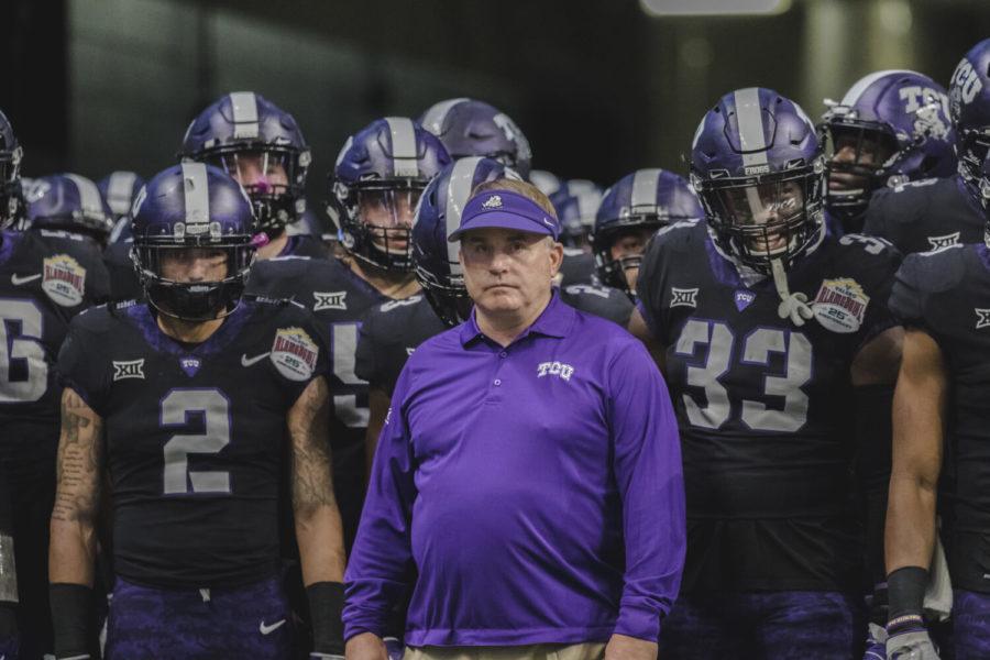 Gary Patterson looks out onto the field as the team prepares to jog onto the field. (Cristian Argueta Soto/staff photographer)