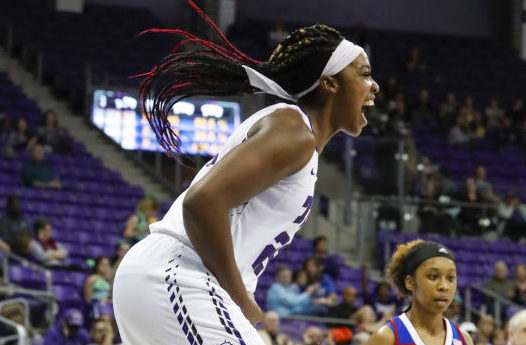 Jordan Moore celebrates a made basket. Photo courtesy: GoFrogs.com