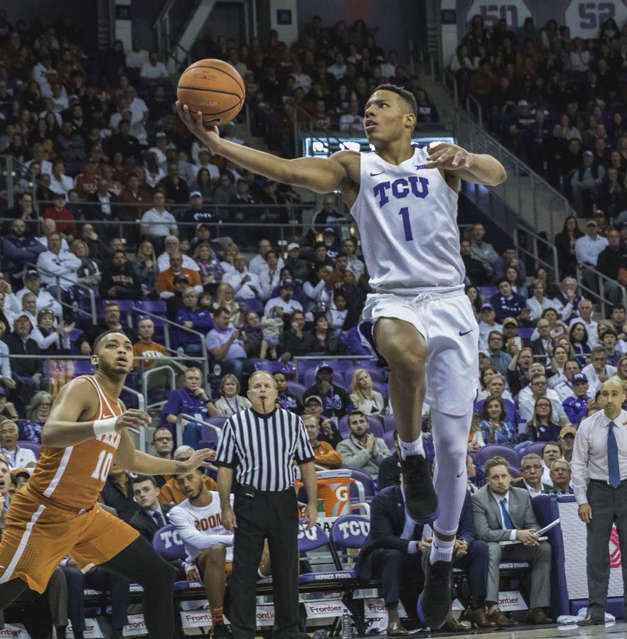 TCU guard Desmond Bane drives to the rim against Texas. Photo by Cristian ArguetaSoto.