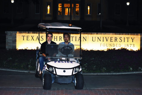 A Froggie 5-0 cart transports a student across campus late at night. (Photo courtesy of Riley Garlinghouse)