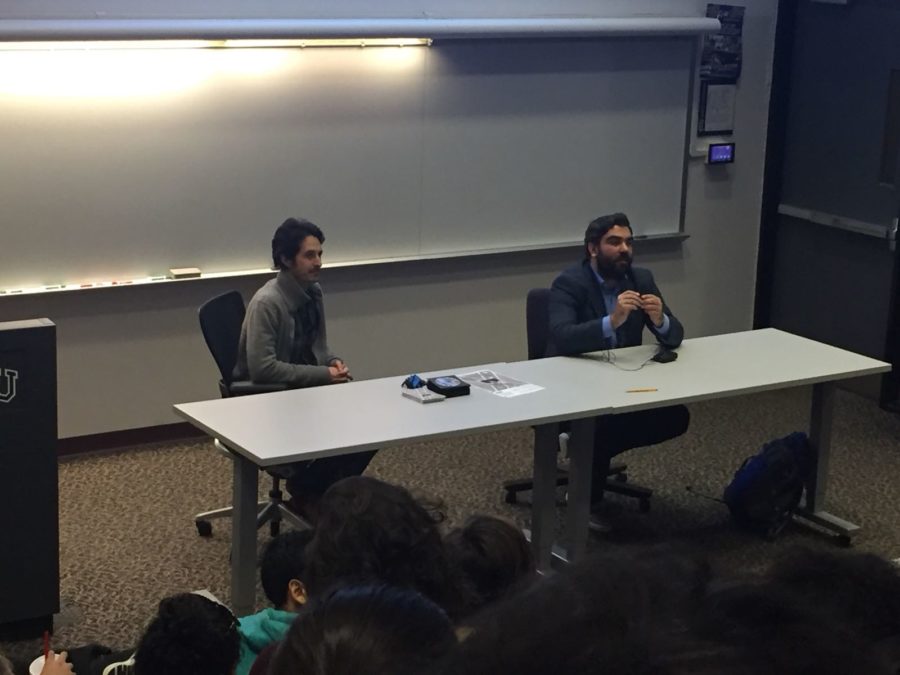 Joel Fendelman and James Chase Sanchez discuss the film Man on Fire at TCU on March 1, 2018. (Photo by Michelle Carter)