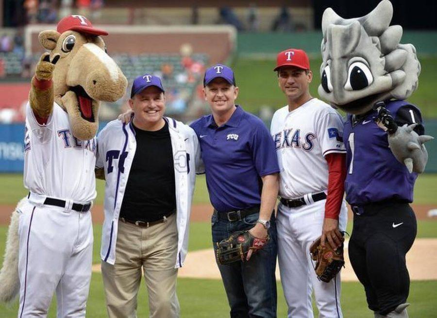 Featured Image: TCU coaches Gary Patterson and Jim Schlossnagle pose on the field of 2014’s University Days celebration. Photo courtesy of Big 12 Conference. 