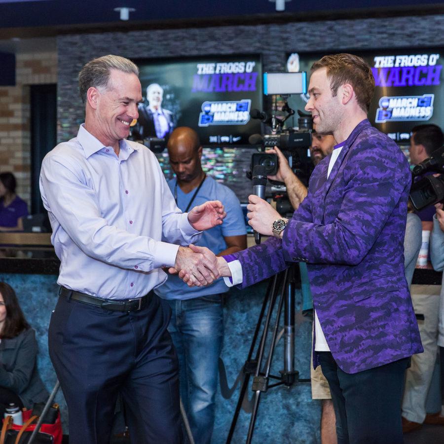 TCU+head+coach+Jamie+Dixon+%28left%29+and+TCU+athletic+director+Jeremiah+Donati+%28right%29+celebrate+the+Horned+Frogs+March+Madness+inclusion.+Photo+by+Cristian+ArguetaSoto.+