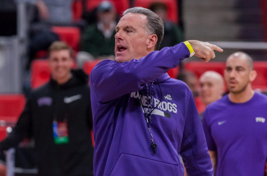 TCU head coach Jamie Dixon leads the Horned Frogs through practice in preparation to face Syracuse in Detroit during the teams first round NCAA Tournament Game. Photo by Cristian ArguetaSoto.