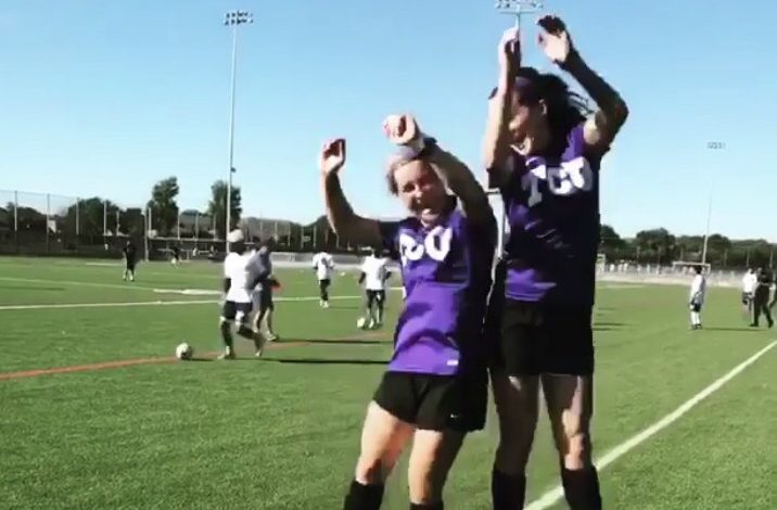 TCU Womens Club Soccer teammates jumping for joy before a soccer match. (Photo courtesy of TCU Womens Club Soccer Instagram)