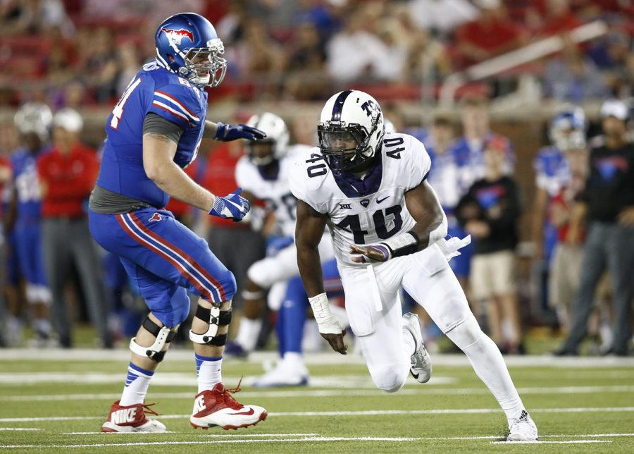 TCU defensive end James McFarland (40) plays against SMU in an NCAA college football game, Saturday, Sept. 23, 2016, in Dallas, Texas. TCU defeated SMU 33-3. (AP Photo/Mike Stone)