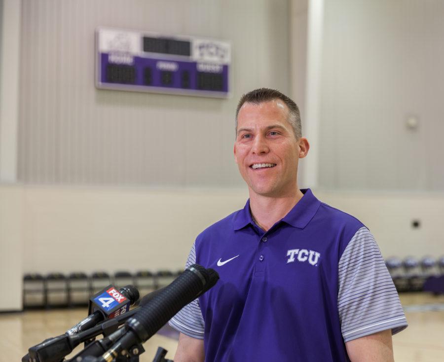 Scott Cross grins from ear-to-ear during his introductory press conference at TCU last April. Photo by Cristian ArguetaSoto