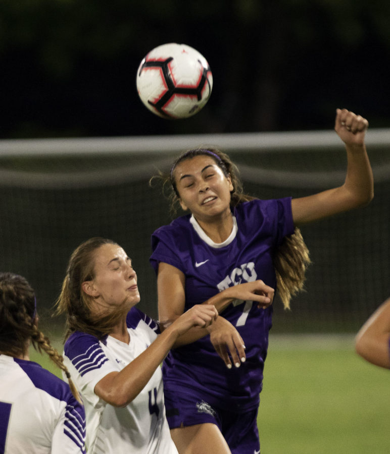 Isabelle Juarez goes up for a header against Stephen F. Austin on August 23, 2018. Photo by Jack Wallace.