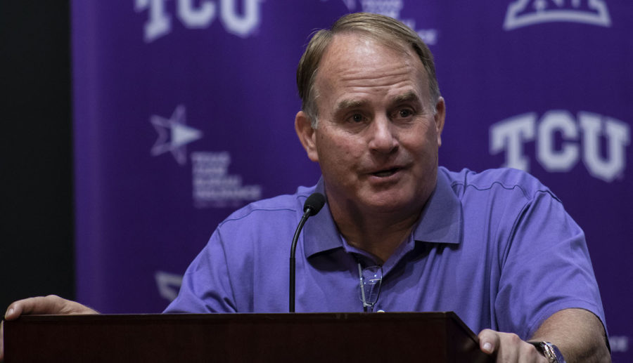 Head Coach Gary Patterson answers questions on the upcoming football season at Tuesdays media availability on August 28th, 2018.
Photo by Jack Wallace 