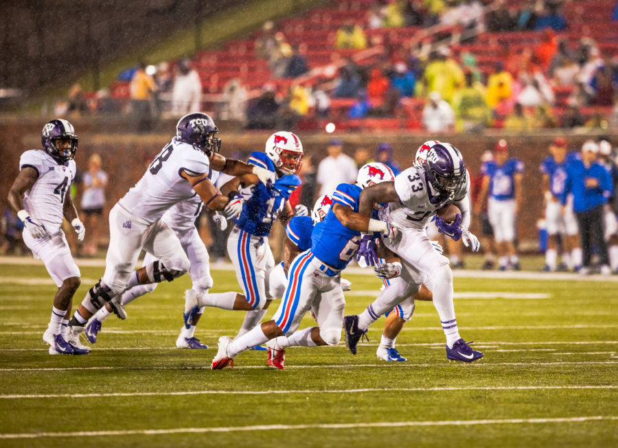Sewo+Oloniluas+fumble+was+recovered+by+Jaelen+Austin+for+TCUs+second+touchdown+of+the+night.+TCU+vs+SMU.+Photo+by+Cristian+ArguetaSoto.