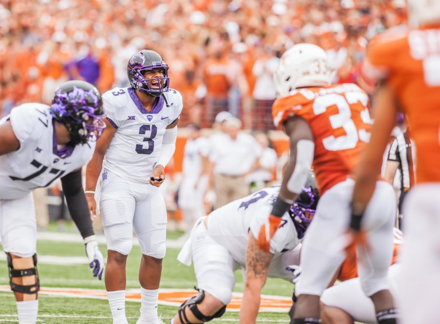 TCU quarterback Shawn Robinson calls out a play at the line of scrimmage against Texas in Austin. Photo by Cristian ArguetaSoto.