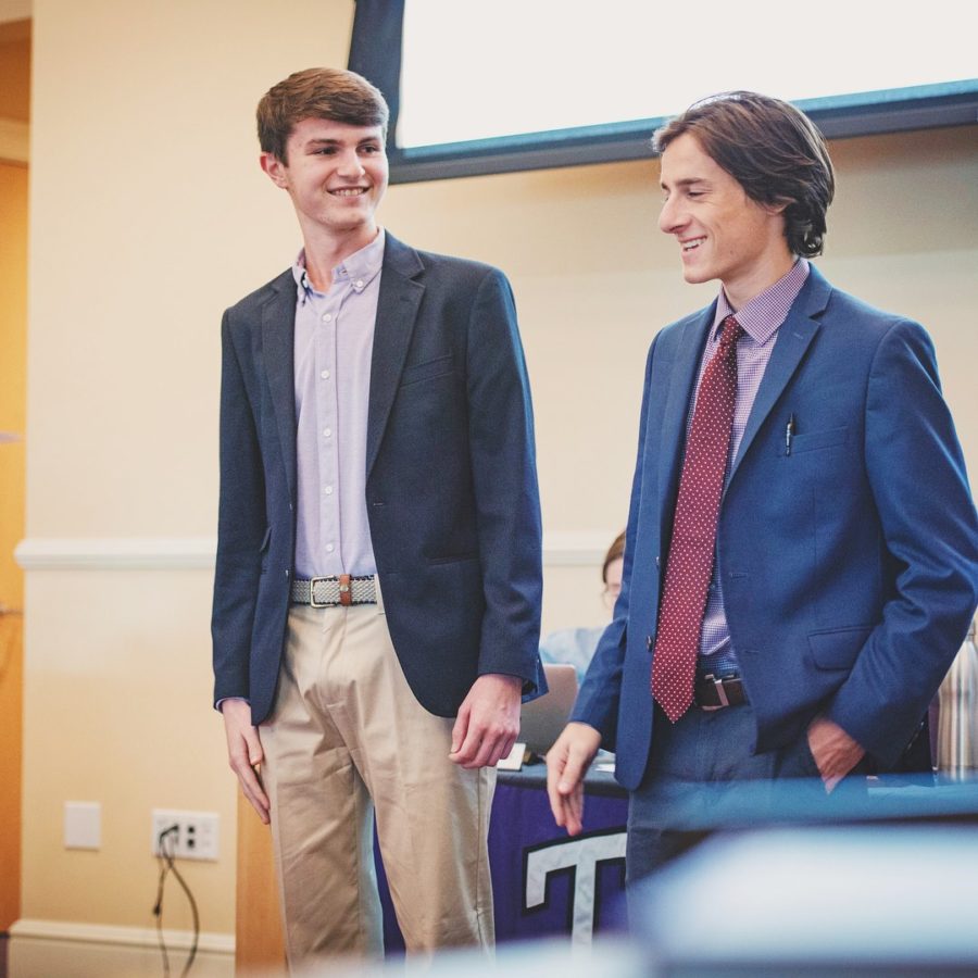 First-year students Wyatt Waters (left) and Hayes McGregor (right) were sworn in as the Class of 2022 representatives last week. Photo courtesy: TCU SGA Facebook