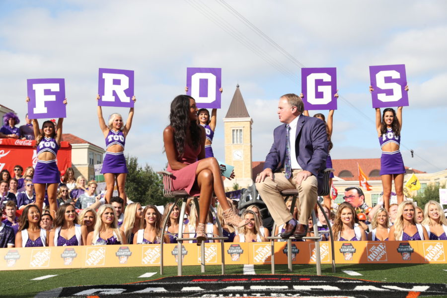 Fort Worth, TX - October 7, 2017 - Texas Christian University: Maria Taylor and Coach Gary Patterson of the TCU Horned Frogs on the set of College GameDay Built by the Home Depot
(Photo by Allen Kee / ESPN Images)