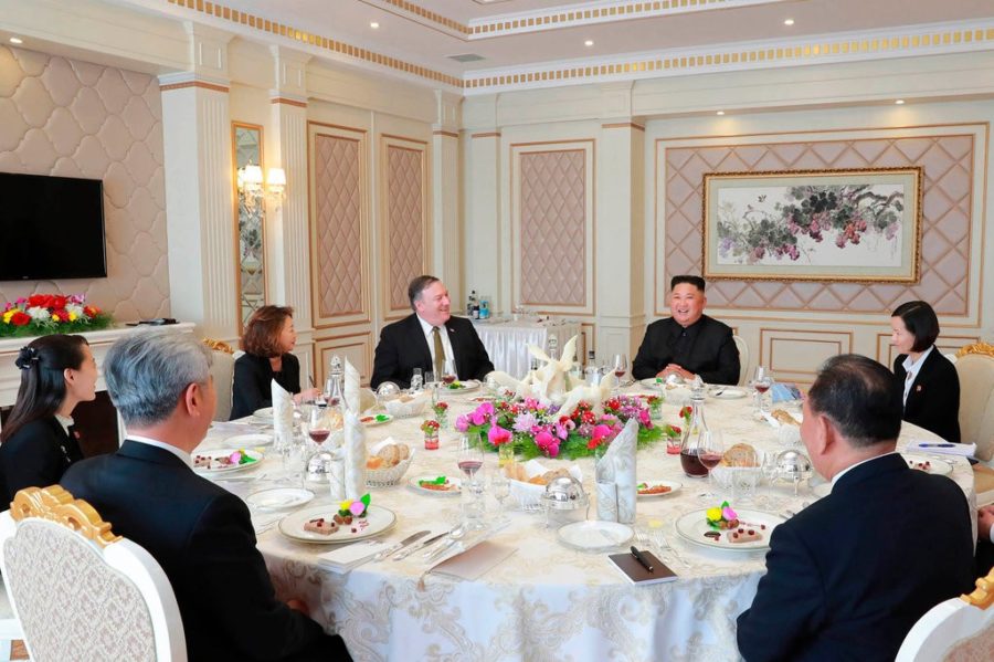 A photograph from North Korea’s state news agency showing Secretary of State Mike Pompeo, center left, next to the North’s leader, Kim Jong-un, during a luncheon at a state guesthouse in Pyongyang, North Korea, on Sunday.CreditCreditKorean Central News Agency, via Associated Press