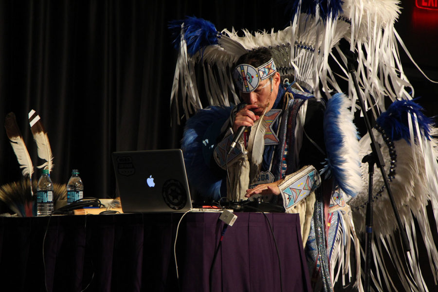 Supaman used his laptop and other equipment to create music during the concert. - Photo by Renee Umsted