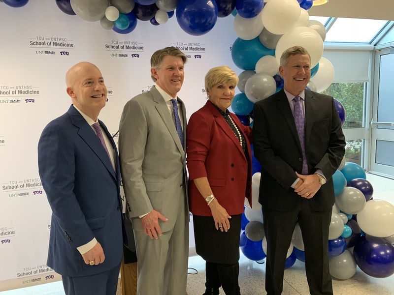 TCU Chancellor Victor Boschini, UNT President Michael Williams, Mayor Betsy Price, and Dr. Stuart Flynn (left to right) at the school of medicine accreditation announcement Friday morning. Photo by Cristian Argueta Soto.