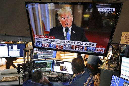 Traders on the floor of the New York Stock Exchange watch President Donald Trumps news conference, Wednesday, Nov. 7, 2018. Technology and health care stocks are leading indexes broadly higher on Wall Street as results of the midterm elections came in largely as investors had expected. (AP Photo/Richard Drew)