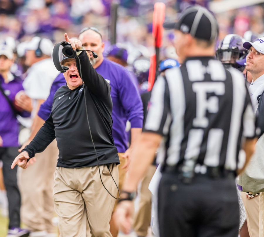 Gary Patterson signaling to an official after a controversial play. Photo by Cristian ArguetaSoto.