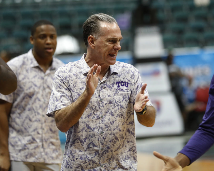TCU head coach Jamie Dixon reacts before the first half of an NCAA college basketball game against Bucknell at the Diamond Head Classic, Sunday, Dec. 23, 2018, in Honolulu. (AP Photo/Marco Garcia)
