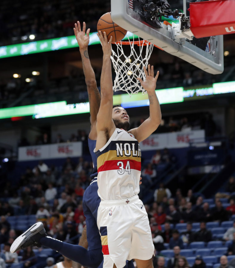 New Orleans Pelicans guard Kenrich Williams (34) goes to the basket during the second half of the teams NBA basketball game against the Denver Nuggets in New Orleans, Wednesday, Jan. 30, 2019. The Nuggets won 105-99. (AP Photo/Gerald Herbert)