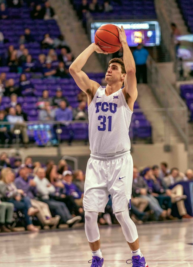 TCU+guard+Owen+Aschieris+hits+on+one+of+his+four+free+throws+against+West+Virginia+en+route+to+a+career-high+four+points.+Photo+by+Cristian+ArguetaSoto.+