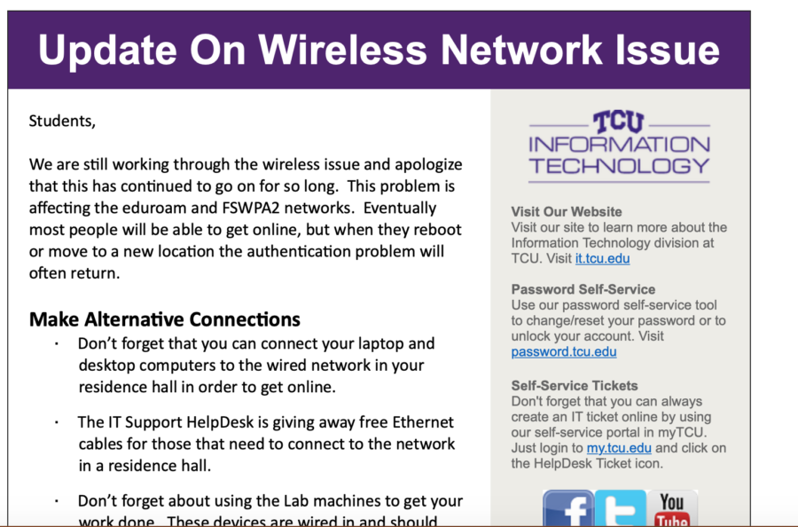 TCUs wireless network has not been working properly for students and faculty 