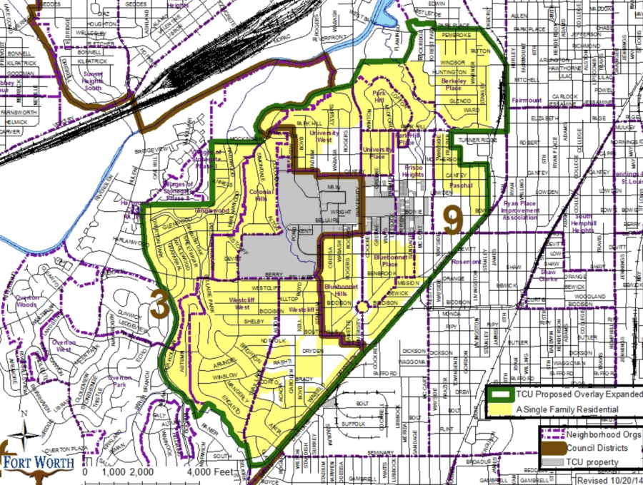 The TCU overlay was adopted Dec. 2, 2014 and allows only three unrelated adults to live in a single family home. Image by the City of Fort Worth.