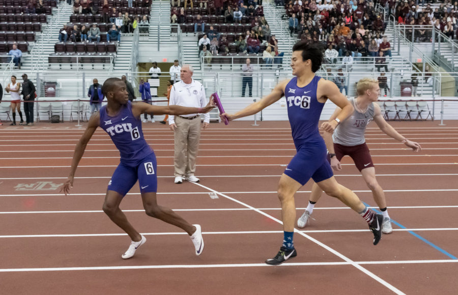 TCUs+Derrick+Mokaleng+and+Blake+Hennesay+compete+at+the+Texas+A%26M+Triangular+in+the+Mens+4x400+earning+them+the+number+7+spot+in+the+nation.+Photo+provided+by+TCU+Athletics.