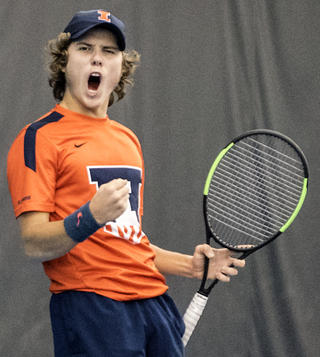 Holly Hart/The News-Gazette 
Illinoiss Aleks Kovacevic reacts to scoring a point in the #3 singles match vs Virginias Gianni Ross. University of Illinois Mens Tennis vs Virginia, Sunday, March 4, 2018, at the Atkins Tennis Center. Illinois won 4-2.