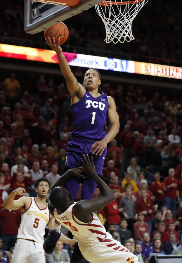 TCU+guard+Desmond+Bane%2C+top%2C+drives+to+the+basket+for+a+shot+as+he+is+fouled+by+Iowa+State+guard+Marial+Shayok%2C+bottom%2C+during+the+second+half+of+an+NCAA+college+basketball+game%2C+Saturday%2C+Feb.+9%2C+2019%2C+in+Ames%2C+Iowa.+TCU+won+92-83.+%28AP+Photo%2FMatthew+Putney%29