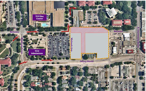 Wabash Avenue and a portion of Bellaire Drive will be permanently closed within the next two weeks. Image courtesy of TCU administration. 