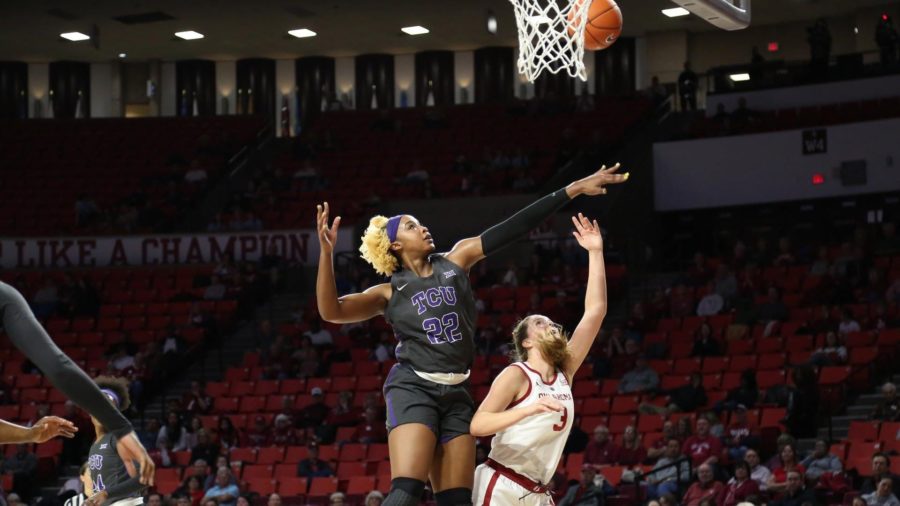Jordan Moore had her 10th double-double of the season with 23 points and 12 rebounds.  Photo courtesy of GoFrogs.com