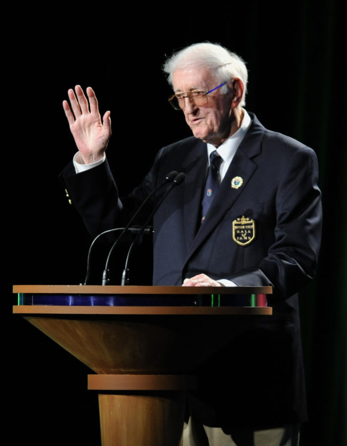 Sports writer Dan Jenkins was awarded the lifetime achievement award by the World Golf Hall of Fame inductions at World Golf Village in St. Augustine, Fla. (Will Dickey/The Florida Times-Union via AP)